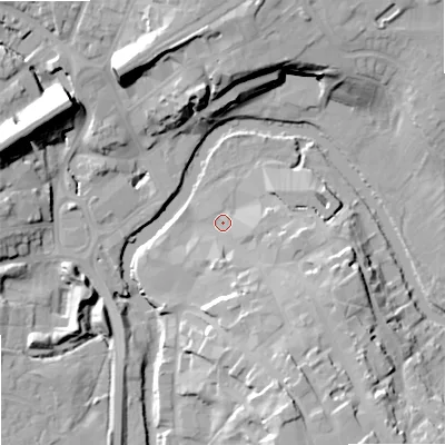 Shaded relief map of the ground around SN153HA, computed from Environment Agency LiDAR. The ground here sits at about 46 m above sea level and falls 22 m across the surrounding 800 m. Surface water reaching this point runs off ground lying to the south-south-east, 15.3 m higher.