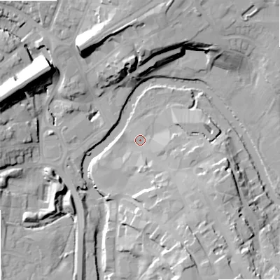 Shaded relief map of the ground around SN153HB, computed from Environment Agency LiDAR. The ground here sits at about 45 m above sea level and falls 22 m across the surrounding 800 m. Surface water reaching this point runs off ground lying to the south-east, 15.3 m higher.