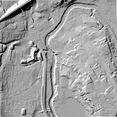 Shaded relief map of the ground around SN153HY, computed from Environment Agency LiDAR. The ground here sits at about 46 m above sea level and falls 23 m across the surrounding 800 m. Surface water reaching this point runs off ground lying to the east-south-east, 6.0 m higher.