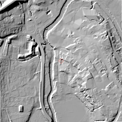Shaded relief map of the ground around SN153HZ, computed from Environment Agency LiDAR. The ground here sits at about 46 m above sea level and falls 24 m across the surrounding 800 m. Surface water reaching this point runs off ground lying to the east, 8.3 m higher.