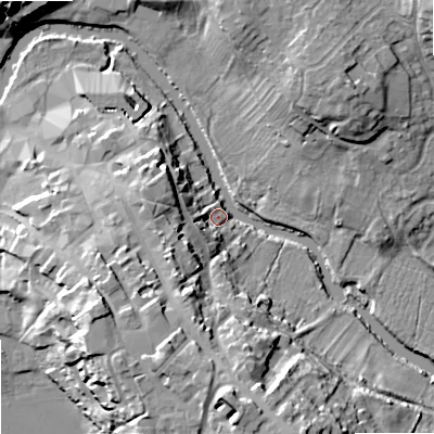 Shaded relief map of the ground around SN153JD, computed from Environment Agency LiDAR. The ground here sits at about 46 m above sea level and falls 22 m across the surrounding 800 m. Surface water reaching this point runs off ground lying to the south, 21.1 m higher.