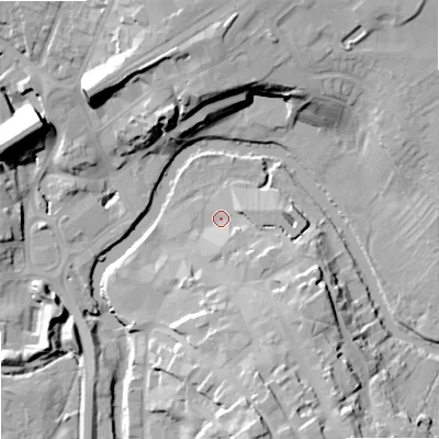 Shaded relief map of the ground around SN153JP, computed from Environment Agency LiDAR. The ground here sits at about 46 m above sea level and falls 22 m across the surrounding 800 m. Surface water reaching this point runs off ground lying to the south-east, 7.9 m higher.