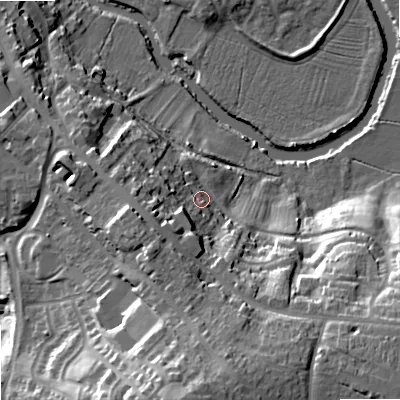 Shaded relief map of the ground around SN153JY, computed from Environment Agency LiDAR. The ground here sits at about 54 m above sea level and falls 35 m across the surrounding 800 m. Surface water reaching this point runs off ground lying to the south, 20.2 m higher.