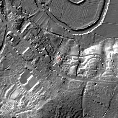 Shaded relief map of the ground around SN153LD, computed from Environment Agency LiDAR. The ground here sits at about 59 m above sea level and falls 36 m across the surrounding 800 m. Surface water reaching this point runs off ground lying to the south, 14.8 m higher.