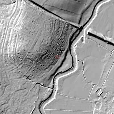 Shaded relief map of the ground around SN153NU, computed from Environment Agency LiDAR. The ground here sits at about 51 m above sea level and falls 27 m across the surrounding 800 m. Surface water reaching this point runs off ground lying to the north-west, 19.3 m higher.