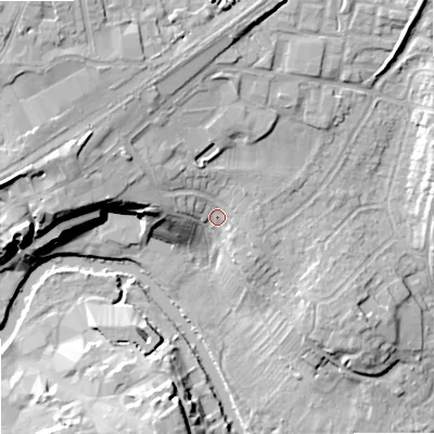 Shaded relief map of the ground around SN153PA, computed from Environment Agency LiDAR. The ground here sits at about 54 m above sea level and falls 23 m across the surrounding 800 m. Surface water reaching this point runs off ground lying to the north-west, 7.6 m higher.