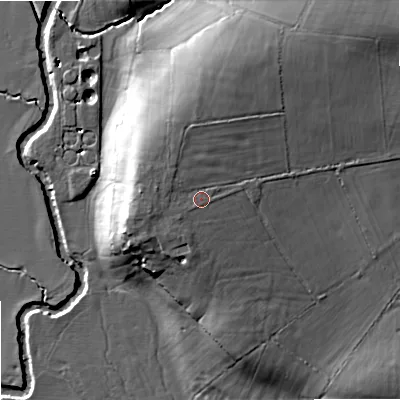 Shaded relief map of the ground around SN153QZ, computed from Environment Agency LiDAR. The ground here sits at about 55 m above sea level and falls 21 m across the surrounding 800 m. Surface water reaching this point runs off ground lying to the west-north-west, 2.4 m higher.