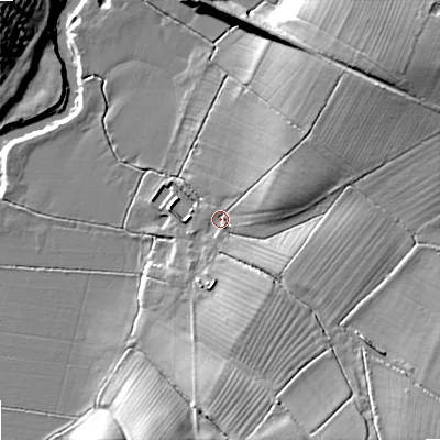 Shaded relief map of the ground around SN153RB, computed from Environment Agency LiDAR. The ground here sits at about 47 m above sea level and falls 18 m across the surrounding 800 m. Surface water reaching this point runs off ground lying to the north-east, 13.5 m higher.