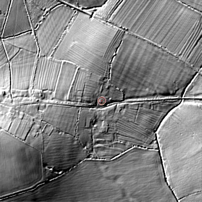 Shaded relief map of the ground around SN153RF, computed from Environment Agency LiDAR. The ground here sits at about 57 m above sea level and falls 23 m across the surrounding 800 m. Surface water reaching this point runs off ground lying to the west-south-west, 15.3 m higher.