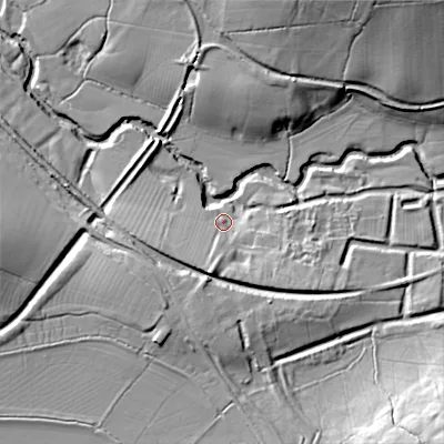 Shaded relief map of the ground around SN153RG, computed from Environment Agency LiDAR. The ground here sits at about 56 m above sea level and falls 33 m across the surrounding 800 m. Surface water reaching this point runs off ground lying to the south-south-west, 8.0 m higher.
