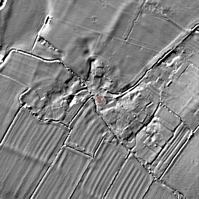 Shaded relief map of the ground around SN153RL, computed from Environment Agency LiDAR. The ground here sits at about 49 m above sea level and falls 10 m across the surrounding 800 m. Surface water reaching this point runs off ground lying to the east-south-east, 6.5 m higher.