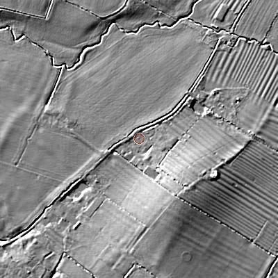 Shaded relief map of the ground around SN153RN, computed from Environment Agency LiDAR. The ground here sits at about 50 m above sea level and falls 9 m across the surrounding 800 m. Surface water reaching this point runs off ground lying to the south-south-east, 7.1 m higher.