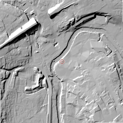 Shaded relief map of the ground around SN153SH, computed from Environment Agency LiDAR. The ground here sits at about 45 m above sea level and falls 23 m across the surrounding 800 m. Surface water reaching this point runs off ground lying to the west-north-west, 21.7 m higher.