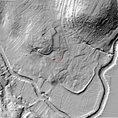 Shaded relief map of the ground around SN153SQ, computed from Environment Agency LiDAR. The ground here sits at about 50 m above sea level and falls 25 m across the surrounding 800 m. Surface water reaching this point runs off ground lying to the north-north-west, 1.8 m higher.