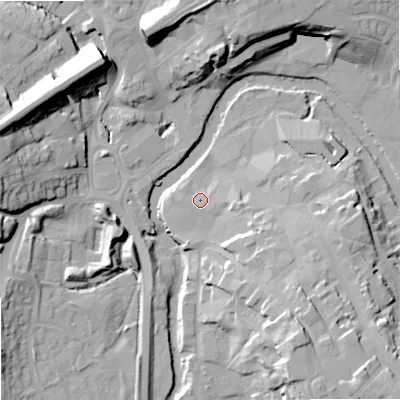 Shaded relief map of the ground around SN153WL, computed from Environment Agency LiDAR. The ground here sits at about 46 m above sea level and falls 23 m across the surrounding 800 m. Surface water reaching this point runs off ground lying to the east, 2.4 m higher.