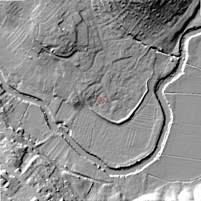 Shaded relief map of the ground around SN153XJ, computed from Environment Agency LiDAR. The ground here sits at about 46 m above sea level and falls 23 m across the surrounding 800 m. Surface water reaching this point runs off ground lying to the north-north-east, 19.7 m higher.