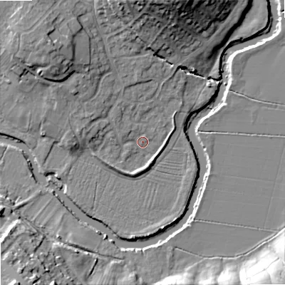 Shaded relief map of the ground around SN153XL, computed from Environment Agency LiDAR. The ground here sits at about 46 m above sea level and falls 23 m across the surrounding 800 m. Surface water reaching this point runs off ground lying to the north, 19.7 m higher.