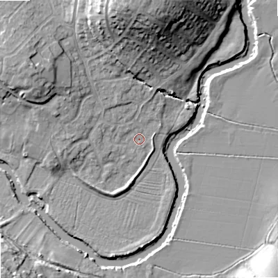 Shaded relief map of the ground around SN153XN, computed from Environment Agency LiDAR. The ground here sits at about 46 m above sea level and falls 25 m across the surrounding 800 m. Surface water reaching this point runs off ground lying to the north, 21.9 m higher.