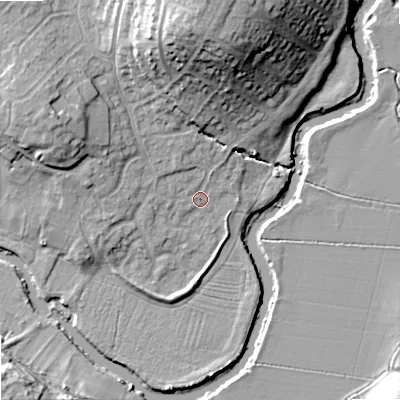Shaded relief map of the ground around SN153XS, computed from Environment Agency LiDAR. The ground here sits at about 47 m above sea level and falls 25 m across the surrounding 800 m. Surface water reaching this point runs off ground lying to the north, 21.6 m higher.