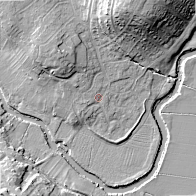 Shaded relief map of the ground around SN153XT, computed from Environment Agency LiDAR. The ground here sits at about 48 m above sea level and falls 25 m across the surrounding 800 m. Surface water reaching this point runs off ground lying to the north, 17.1 m higher.
