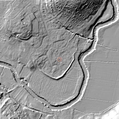 Shaded relief map of the ground around SN153XW, computed from Environment Agency LiDAR. The ground here sits at about 47 m above sea level and falls 24 m across the surrounding 800 m. Surface water reaching this point runs off ground lying to the north, 21.9 m higher.