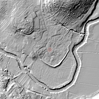 Shaded relief map of the ground around SN153XX, computed from Environment Agency LiDAR. The ground here sits at about 47 m above sea level and falls 25 m across the surrounding 800 m. Surface water reaching this point runs off ground lying to the north, 17.4 m higher.