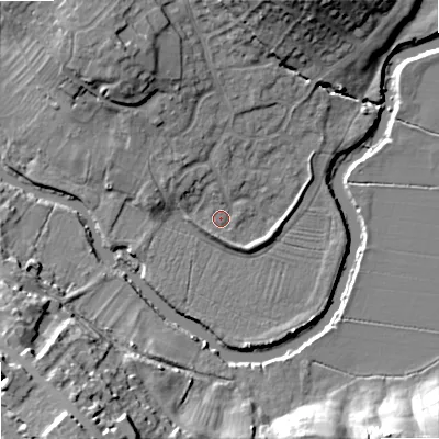 Shaded relief map of the ground around SN153XY, computed from Environment Agency LiDAR. The ground here sits at about 46 m above sea level and falls 24 m across the surrounding 800 m. Surface water reaching this point runs off ground lying to the north-north-east, 15.1 m higher.