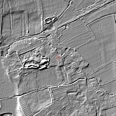 Shaded relief map of the ground around SN154AU, computed from Environment Agency LiDAR. The ground here sits at about 54 m above sea level and falls 8 m across the surrounding 800 m. Surface water reaching this point runs off ground lying to the west, 1.2 m higher.
