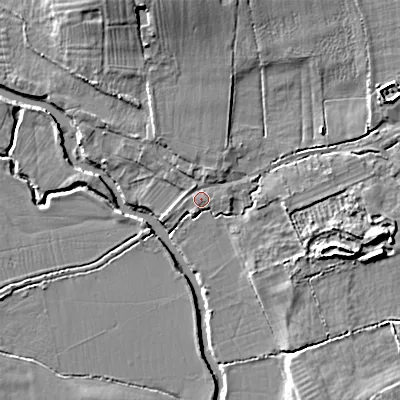 Shaded relief map of the ground around SN154BA, computed from Environment Agency LiDAR. The ground here sits at about 53 m above sea level and falls 11 m across the surrounding 800 m. Surface water reaching this point runs off ground lying to the north, 7.2 m higher.