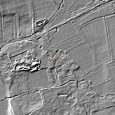 Shaded relief map of the ground around SN154BG, computed from Environment Agency LiDAR. The ground here sits at about 54 m above sea level and falls 7 m across the surrounding 800 m. Surface water reaching this point runs off ground lying to the west, 1.4 m higher.
