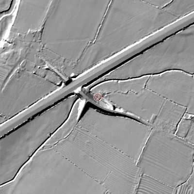 Shaded relief map of the ground around SN154DE, computed from Environment Agency LiDAR. The ground here sits at about 56 m above sea level and falls 13 m across the surrounding 800 m. Surface water reaching this point runs off ground lying to the south-east, 6.8 m higher.