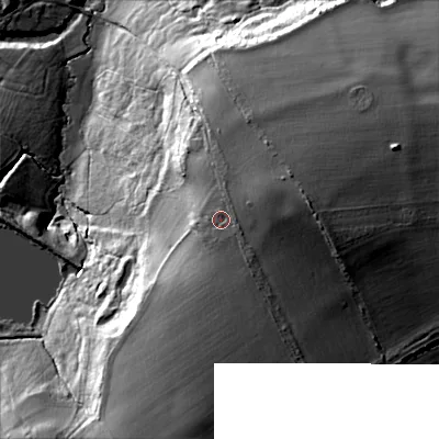 Shaded relief map of the ground around SN154DL, computed from Environment Agency LiDAR. The ground here sits at about 125 m above sea level and falls 42 m across the surrounding 800 m. Surface water reaching this point runs off ground lying to the east-north-east, 7.5 m higher.