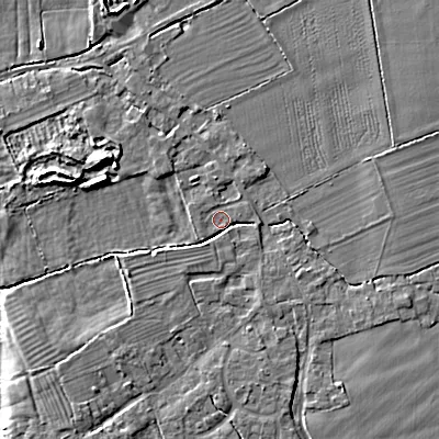 Shaded relief map of the ground around SN154EQ, computed from Environment Agency LiDAR. The ground here sits at about 54 m above sea level and falls 7 m across the surrounding 800 m. Surface water reaching this point runs off ground lying to the north-east, 2.6 m higher.