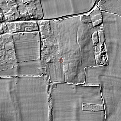 Shaded relief map of the ground around SN154FL, computed from Environment Agency LiDAR. The ground here sits at about 54 m above sea level and falls 7 m across the surrounding 800 m. Surface water reaching this point runs off ground lying to the west, 1.5 m higher.