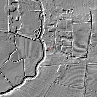 Shaded relief map of the ground around SN154HP, computed from Environment Agency LiDAR. The ground here sits at about 57 m above sea level and falls 8 m across the surrounding 800 m. Surface water reaching this point runs off ground lying to the south-south-east, 1.5 m higher.