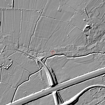Shaded relief map of the ground around SN154HU, computed from Environment Agency LiDAR. The ground here sits at about 59 m above sea level and falls 10 m across the surrounding 800 m. Surface water reaching this point runs off ground lying to the south-west, 5.2 m higher.
