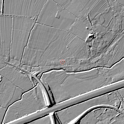 Shaded relief map of the ground around SN154HX, computed from Environment Agency LiDAR. The ground here sits at about 59 m above sea level and falls 10 m across the surrounding 800 m. Surface water reaching this point runs off ground lying to the north-east, 7.5 m higher.