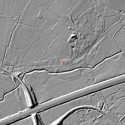 Shaded relief map of the ground around SN154HY, computed from Environment Agency LiDAR. The ground here sits at about 60 m above sea level and falls 10 m across the surrounding 800 m. Surface water reaching this point runs off ground lying to the north-north-east, 7.5 m higher.
