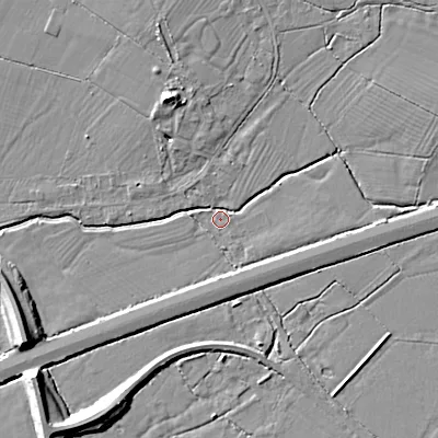 Shaded relief map of the ground around SN154HZ, computed from Environment Agency LiDAR. The ground here sits at about 59 m above sea level and falls 10 m across the surrounding 800 m. Surface water reaching this point runs off ground lying to the north-north-west, 4.9 m higher.
