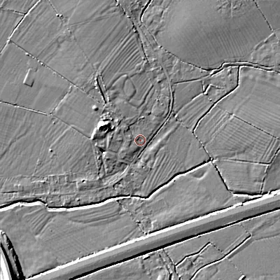 Shaded relief map of the ground around SN154JE, computed from Environment Agency LiDAR. The ground here sits at about 60 m above sea level and falls 9 m across the surrounding 800 m. Surface water reaching this point runs off ground lying to the north-west, 2.6 m higher.