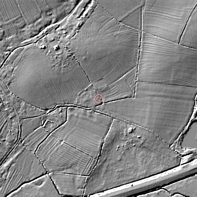 Shaded relief map of the ground around SN154JF, computed from Environment Agency LiDAR. The ground here sits at about 61 m above sea level and falls 7 m across the surrounding 800 m. Surface water reaching this point runs off ground lying to the north-east, 4.8 m higher.
