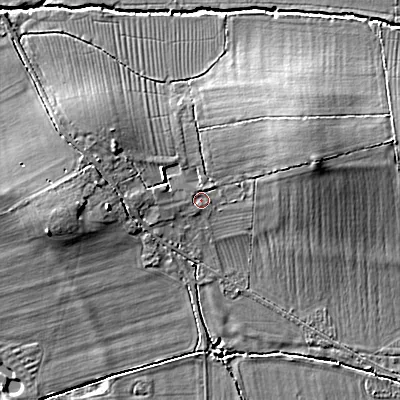 Shaded relief map of the ground around SN154JJ, computed from Environment Agency LiDAR. The ground here sits at about 61 m above sea level and falls 11 m across the surrounding 800 m. Surface water reaching this point runs off ground lying to the east-north-east, 6.4 m higher.