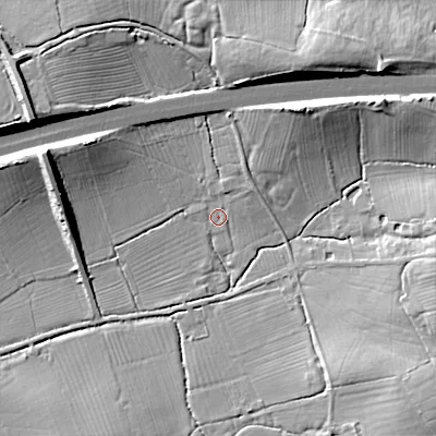 Shaded relief map of the ground around SN154JR, computed from Environment Agency LiDAR. The ground here sits at about 68 m above sea level and falls 15 m across the surrounding 800 m. Surface water reaching this point runs off ground lying to the north-north-east, 3.3 m higher.