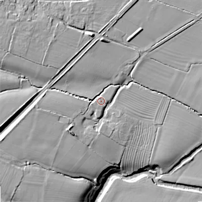 Shaded relief map of the ground around SN154LJ, computed from Environment Agency LiDAR. The ground here sits at about 56 m above sea level and falls 23 m across the surrounding 800 m. Surface water reaching this point runs off ground lying to the west-south-west, 10.2 m higher.