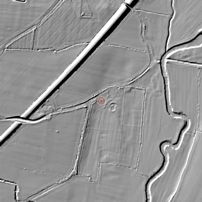 Shaded relief map of the ground around SN154LP, computed from Environment Agency LiDAR. The ground here sits at about 49 m above sea level and falls 13 m across the surrounding 800 m. Surface water reaching this point runs off ground lying to the west-south-west, 8.6 m higher.