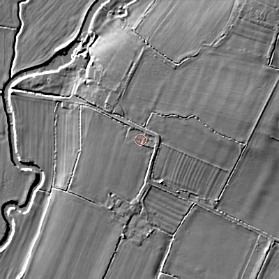 Shaded relief map of the ground around SN154LR, computed from Environment Agency LiDAR. The ground here sits at about 51 m above sea level and falls 8 m across the surrounding 800 m. Surface water reaching this point runs off ground lying to the east, 1.5 m higher.