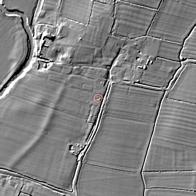 Shaded relief map of the ground around SN154LS, computed from Environment Agency LiDAR. The ground here sits at about 52 m above sea level and falls 8 m across the surrounding 800 m. Surface water reaching this point runs off ground lying to the east-north-east, 4.5 m higher.