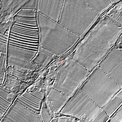 Shaded relief map of the ground around SN154LX, computed from Environment Agency LiDAR. The ground here sits at about 53 m above sea level and falls 11 m across the surrounding 800 m. Surface water reaching this point runs off ground lying to the south-east, 9.2 m higher.