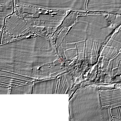 Shaded relief map of the ground around SN154NB, computed from Environment Agency LiDAR. The ground here sits at about 54 m above sea level and falls 5 m across the surrounding 800 m. Surface water reaching this point runs off ground lying to the east, 2.9 m higher.
