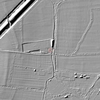 Shaded relief map of the ground around SN154NE, computed from Environment Agency LiDAR. The ground here sits at about 53 m above sea level and falls 8 m across the surrounding 800 m. Surface water reaching this point runs off ground lying to the north-north-east, 5.1 m higher.